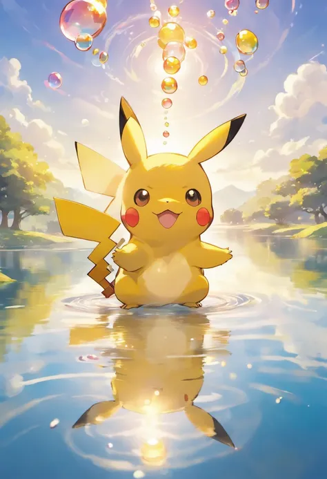 A touching scene in ultra-high definition 3D showcasing Pikachu making a wish beside a tranquil lake. Pikachu, beautifully rendered in detail, is seen gently blowing bubbles into the air, each one carrying a hopeful wish. The bubbles catch the reflection o...