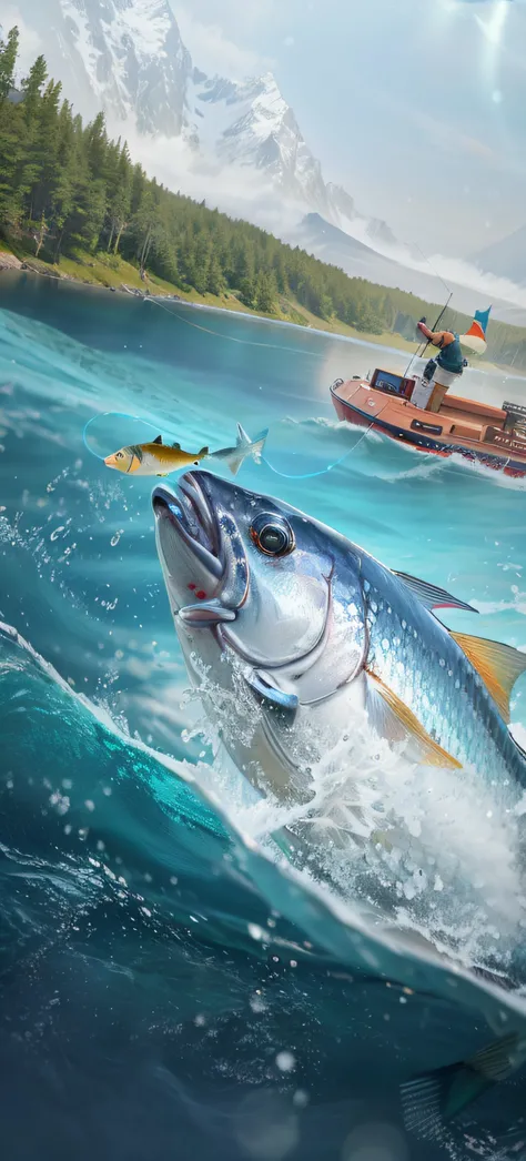 Draw a fish jumping out of the water，Scene from the coast，Snow-capped mountains and forests in the background, Fishing, top boat racing simulator, game key art, bottom angles, realistic scene,ultra - detailed!, 3 d epic illustrations, adventure hyper reali...