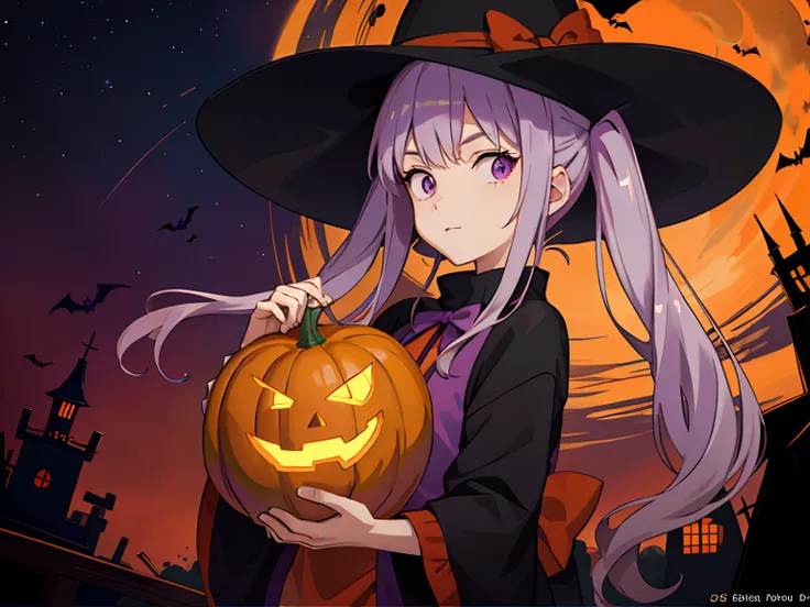 a Halloween character in an anime and Studio Ghibli-style world, holding a pumpkin. Colors: purple, orange