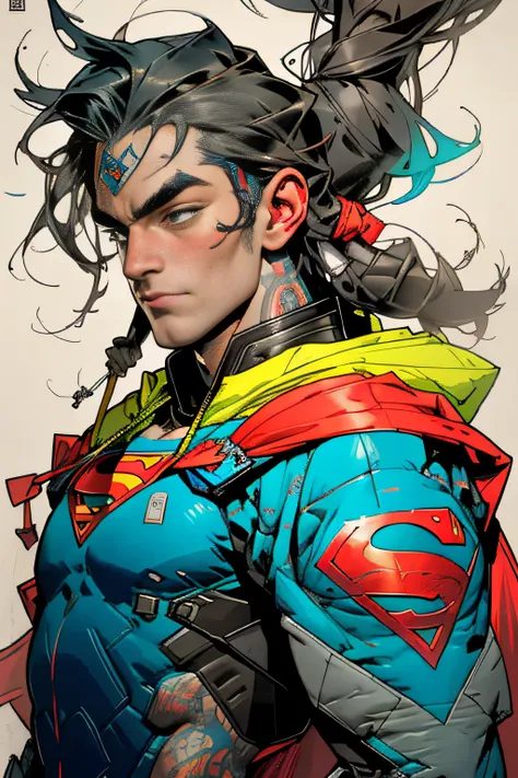 Superman with tattoos, dread hair, puffer jacket, super colourful, luminous colorization, illustration