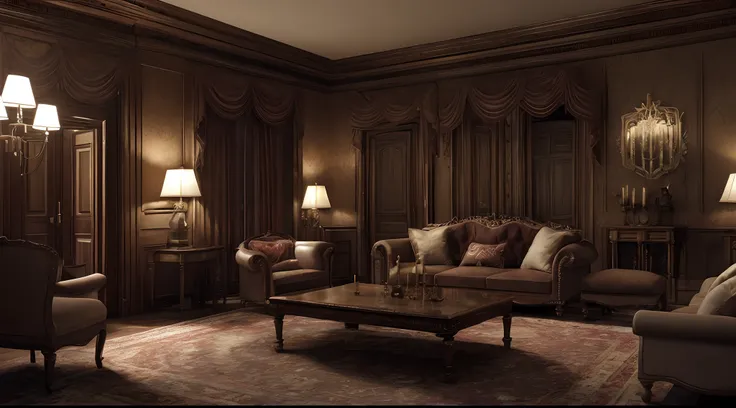 Photorealistic realism, final render, resident evil mansion blood old haunted spencer mansion living room dark darkness night scary candle lit