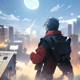 1boy,(a 13 yo boy:1.5)、Anime-style protagonist、Cyberpunk Boy、Black attire、silber hair、katanas,machine gun、Whole body bloody、Overhead view of the composition、The beginning of the adventure、Lots of clouds,heavy fog、Moon,Chaotic city of the future、dystopian、D...