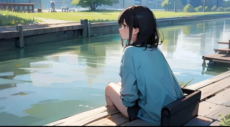 High-definition images、Faraway view、full-shot、Woman sitting with her back to the bank by the river、A dark-haired、My hair is a little disheveled.、Absent-minded、Pleasant river breeze、Bright sunshine、Slowly flowing time。