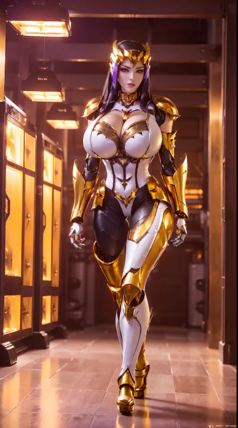 (1GIRL, SOLO), (super detailed face, red_libs, black_hair), (Phoenix mecha helmet:1.2), (BIG BUTTOCKS, MUSCLE ABS, HUGE BOOBS:1.5), (MECHA GUARD ARM:1.3), (white, purple, gold, MECHA CYBER SHINY ARMORED SUIT, CLEAVAGE, BLACK MECHA SKINTIGHT SUIT PANTS, DIA...