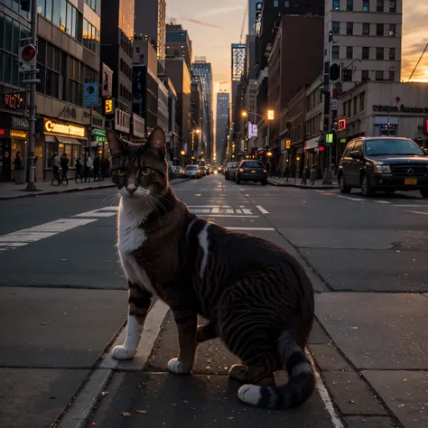 Cat on the newyork street, sunset, canon hight resolution camera, hd resolution,8k