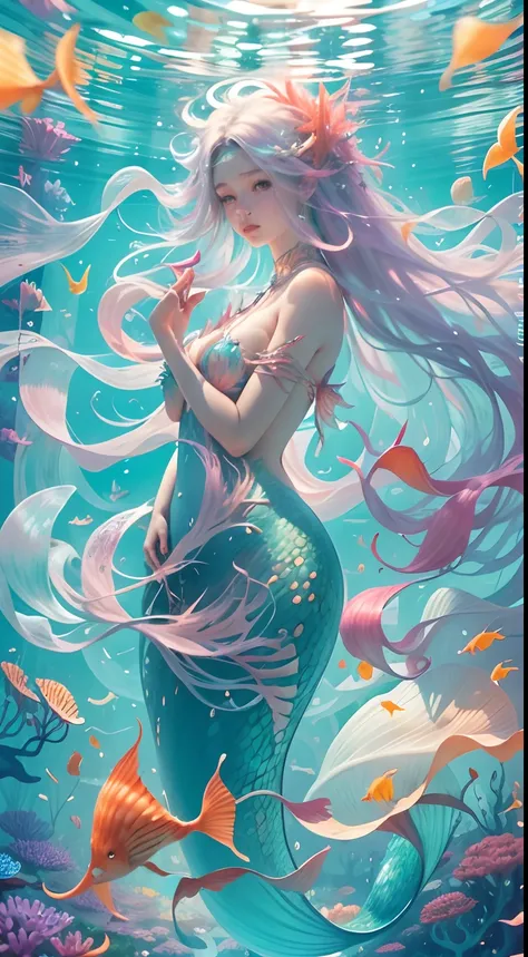 Vast seabed,(depth of fields),A mermaid,long and flowing hair,Ethereal beauty,peacful,tropical fishes,Floating jellyfish,Colorful coral reefs,Diverse marine life。Vibrant colors,dreamlike lighting.Best quality,A high resolution,Masterpiece:1.2.