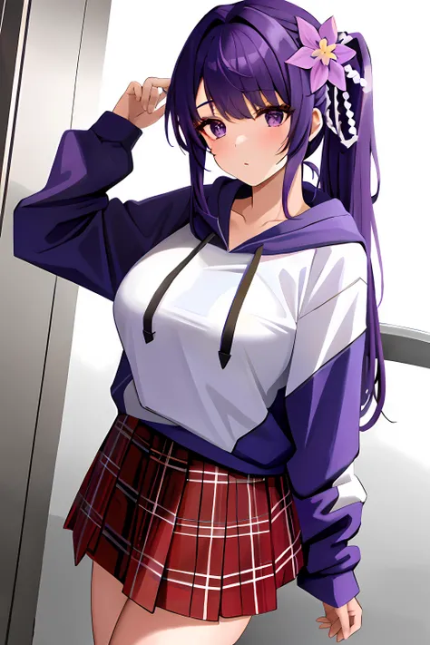 masterpiece, best quality,
1girl, wearing oversized hoodie and plaid skirt, large breasts, hair flower purple eyes, purple hair, solo, long hair,bangs, complex background