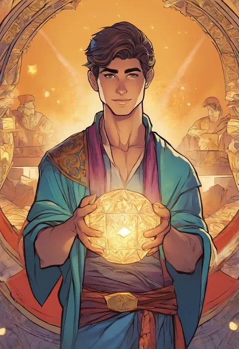 Animated, fortune teller, handsome, beautiful boy, mysterious, smiling, holding a large crystal that shines beautifully in front of his chest