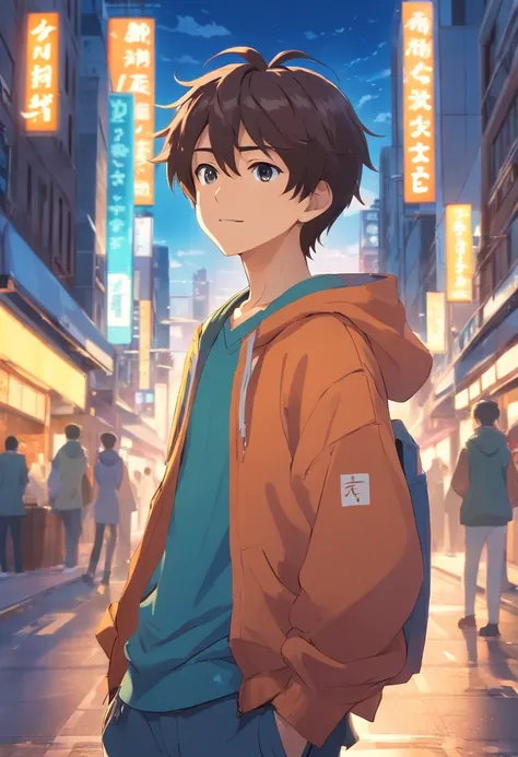 A boy, transformed into an anime style, with exaggerated unique facial features and clothing, standing on a bustling city street, backlit background highlighting the subject, high-contrast colors, 4K high-definition quality，young, smiling, handsome