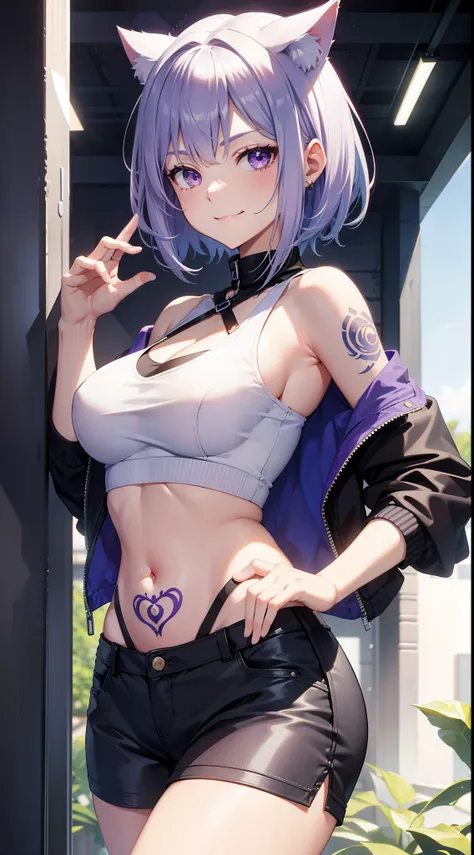 Grown-up girl, short white hair, Heteroromy, blue and purple eyes, cat ears, smirk, tight blue top, Shorts, tattoo, open belly, open breasts, Masterpiece, hiquality, 4k, HD, Good detail