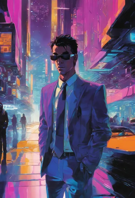 ((Skinny, lanky, normal, mid-30s, unshaven, white, ((American, pale skin, english)), male, businessman walking under night sky with moon out wearing a basic suit and tie)), cowboy shot, ((ultra detailed neon cyberpunk futuristic city )), (black short shagg...