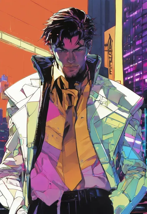 ((Skinny, lanky, normal, mid-30s, unshaven, white, ((American, pale skin, english)), male, businessman walking under night sky with moon out wearing a basic suit and tie)), cowboy shot, ((ultra detailed neon cyberpunk futuristic city )), (black short shagg...