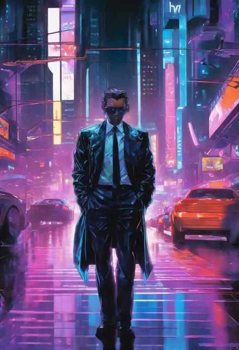 ((Skinny, lanky, normal, mid-30s, unshaven, white, ((American, pale skin, english)), male, businessman walking under night sky with moon out wearing a basic suit and tie)), cowboy shot, ((ultra detailed neon cyberpunk futuristic city )), (black short shagg...