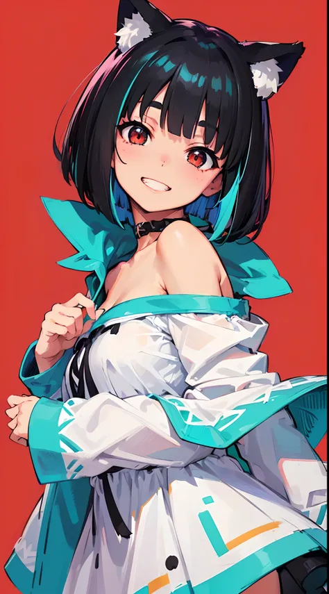 close-up portrait of ((solo 1girl, nekomimi)), ((short black hair in a wavy bob-cut with turquoise highlights)), big grin, side glance, masterpiece, red eyes, (simple plain background), (one-side off-shoulder dress), head tilt, vivid colors, extra long sle...