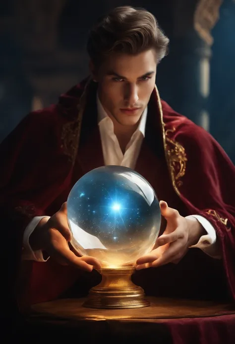 (best quality,4k,highres,masterpiece:1.2),realistic,mysterious magician,attractive young man,confident smile,looking straight at the viewer,large crystal,glistening crystal,crystal ball,candlelight,hazy atmosphere,ancient book,glowing runes,golden jewelry,...