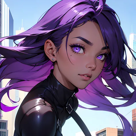 Medium height girl. Long split dyed hair, half of a delicate very light purple shade, the other half is dark purple. Fair skin with vitiligo all over the body. Half of the face is covered with a dark purple patch of vitiligo. Eyes of different colors. The ...