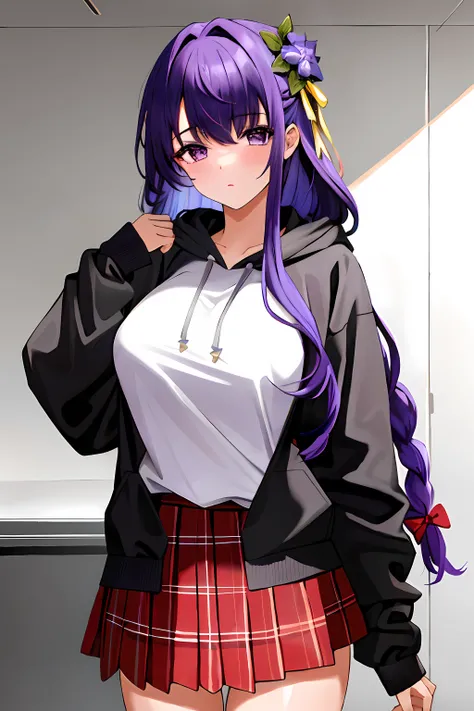 masterpiece, best quality,
1girl, wearing oversized hoodie and plaid skirt, large breasts, hair flower purple eyes, purple hair, solo, long hair,bangs, complex background