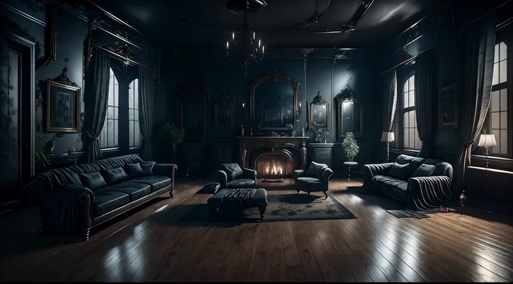 Photorealistic, realism, final render, resident evil, mansion, lights off, dark, no power, blood, old haunted spencer mansion, living room, dark, darkness, night, scary