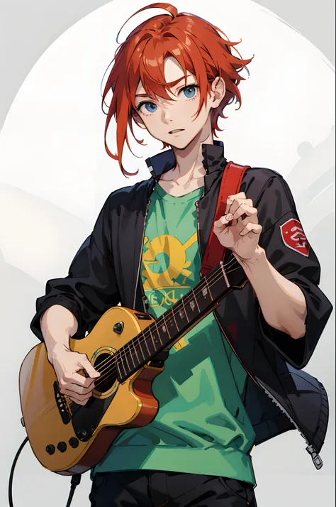 Ghibli Studio Cartoons　male child　Red-haired　Bunching hair　Holding a guitar