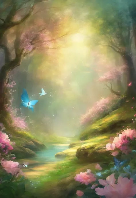 A spring in the forest with beautiful flowers, spring season, with pastel colors and a dreamy atmosphere, butterflies flying, a bird drinking water.