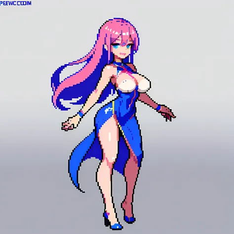 (masterpiece, top quality, best quality), pixel,pixel art,1girl,full body,half stock,highly detailed, seductive erotic female is sweating, boobs covered in could pedals, (busty, pink/blue hair), centered on the body, intricate eyes, attack pose,(Happy eyes...