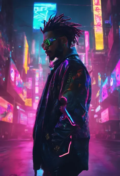 ((masculine)), ((1boy)), black dreadlocks, brown skin, black eyes, cowboy shot, ((ultra detailed neon cyberpunk futuristic city )), detailed and intricate ((cyberpunk city streets background)), featuring high-tech holographic projections and sleek architec...