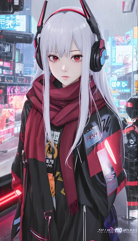 Anime girl standing in the rain with headphones and scarf, cyberpunk anime girl in hoodie, Digital cyberpunk anime art, Best anime 4k konachan wallpaper, style of anime4 K, cyberpunk anime girl, digitl cyberpunk - anime art, female cyberpunk anime girl, An...