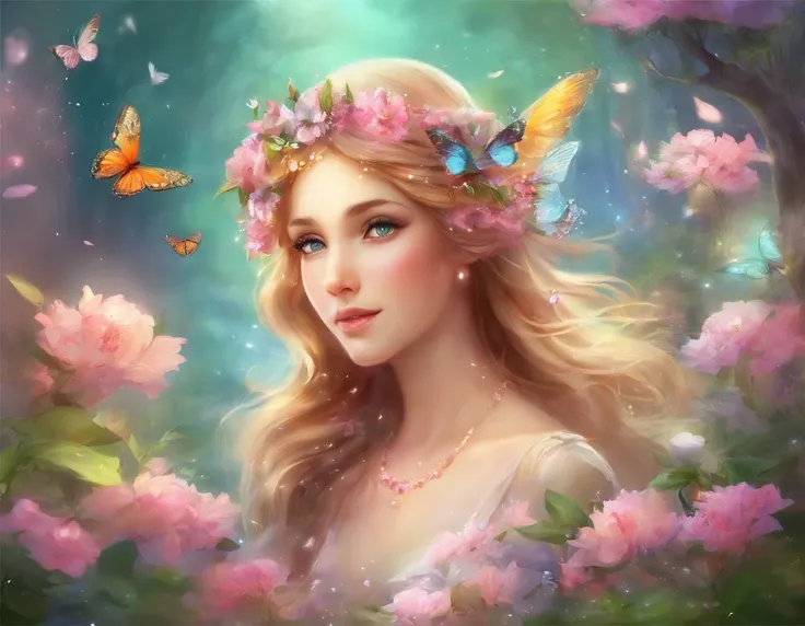 A spring in the forest with beautiful flowers, summer season, with pastel colors and a dreamy atmosphere, butterflies flying, a bird drinking water.