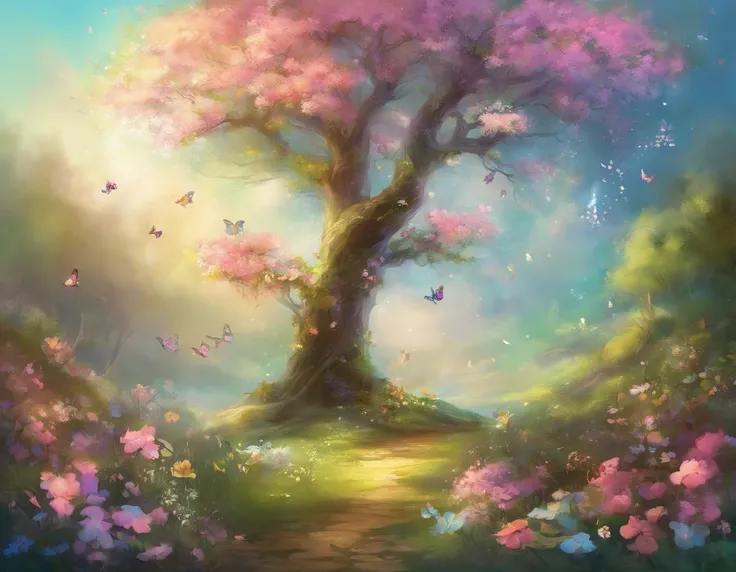 A spring in the forest with beautiful flowers, summer season, with pastel colors and a dreamy atmosphere, butterflies flying, a bird drinking water.