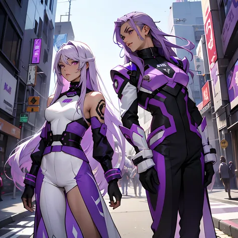 a full-length girl. city. purple eyes. two-tone hair. white and purple hair. split. futuristic costume. purple and white suit. full-length. long straight hair. loose hair. vitiligo. purple spots of vitiligo. dark spots of vitiligo