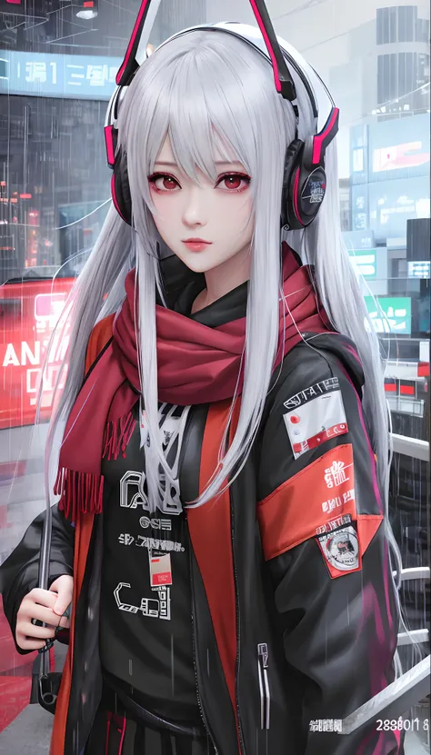 Anime girl standing in the rain with headphones and scarf, cyberpunk anime girl in hoodie, Digital cyberpunk anime art, Best anime 4k konachan wallpaper, style of anime4 K, cyberpunk anime girl, digitl cyberpunk - anime art, female cyberpunk anime girl, An...