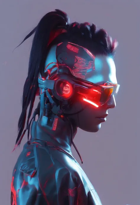 1 male, Cyberpunk 2077 inspired style, ((burst fade mullet hair style)), Black hair, Red glowing highlighted hair, cybernetic glasses, medtech outfit, red glowing outfit. red holograhic clothing, fully clothed, medical, mid-30s in age