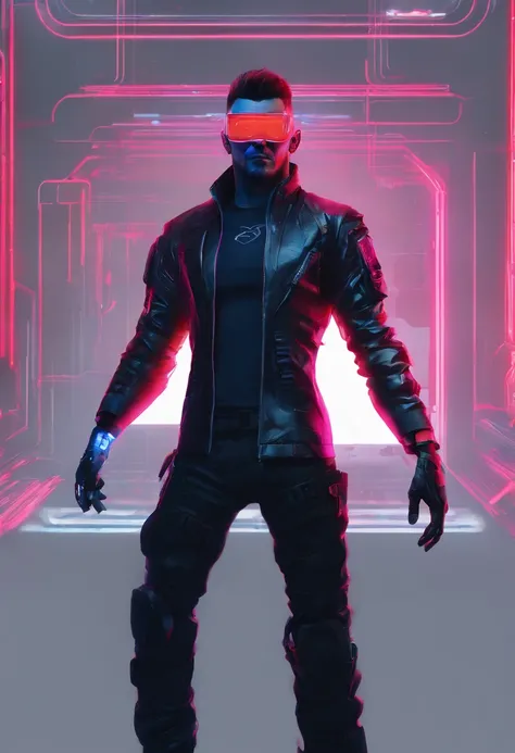 1 male, Cyberpunk 2077 inspired style, ((burst fade mullet hair style)), Black hair, Red glowing highlighted hair, cybernetic glasses, medtech outfit, red glowing outfit. red holograhic clothing, fully clothed, medical, mid-30s in age