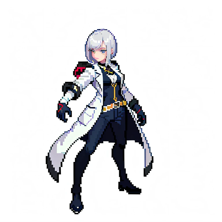 (masterpiece, top quality, best quality, less detail, 8-bit color), pixel,pixel art, lab coat,full body, attack pose, US style, poor jacket, game asset, silver hair, bra on top, short pant,