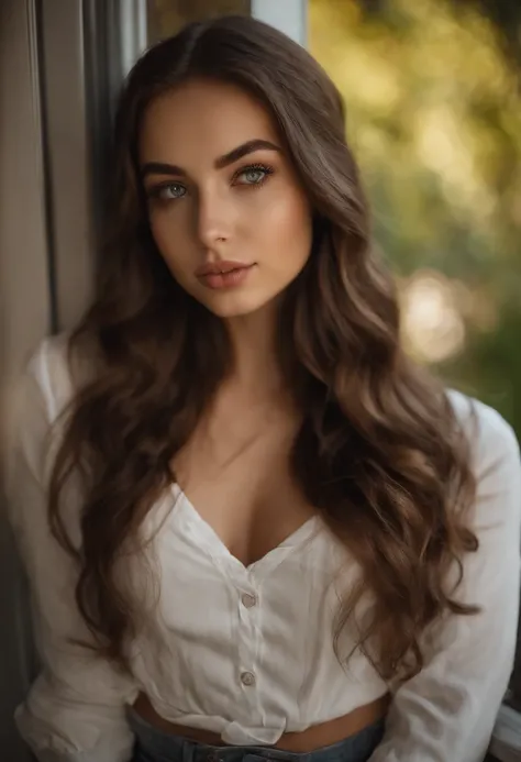 Arafed woman in full , sexy girl with green eyes, portrait sophie mudd, brown hair and large eyes, selfie of a young woman, Chamber eyes, violet myers, no makeup, natural makeup, looking straight at camera, face with artgram, fine makeup, Excellent full-le...