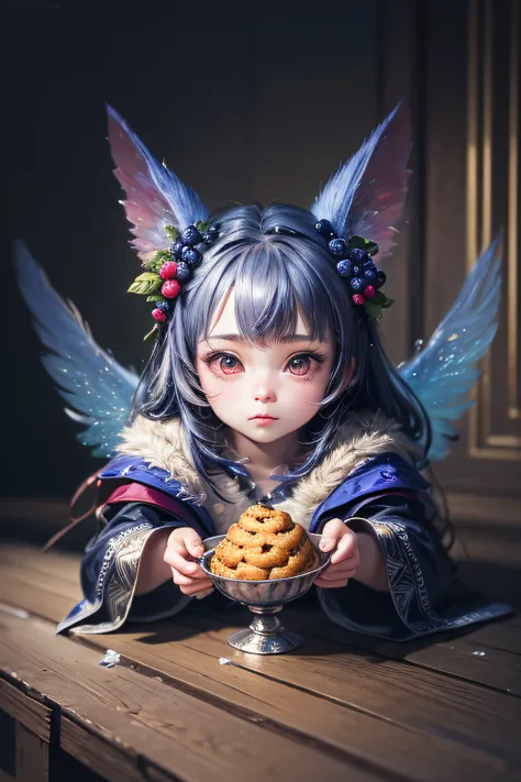 ( Absurd, High quality, ultra-detailed, masterpiece, concept art, smooth, highly detailed artwork, hyper-realistic painting )tiny little girl, Dreamy, Romantic, Vivid, girl, blueberry fruits, blueberry muffin character, cute, whole body , anime, fantasy, f...