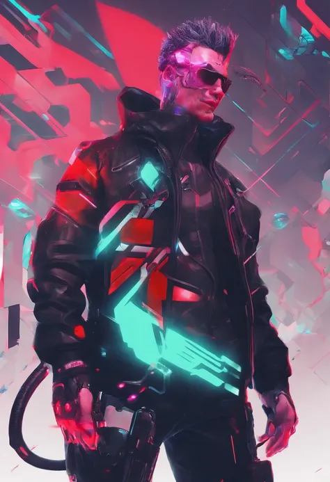 1 male, Cyberpunk 2077 inspired style, ((burst fade mullet hair style)), Black hair, Red glowing highlighted hair, cybernetic glasses, medtech outfit, red glowing outfit. red holograhic clothing, fully clothed, medical, mid-30s in age