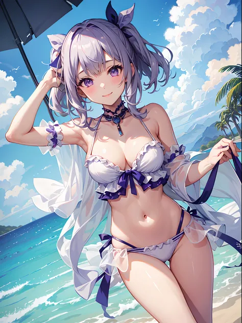 ((4K, ​master piece, Best Quality)), 1girl in, Silver medium hair, Light purple eyes, Cute, blush, medium breasts⁩, swimsuit, summer smile