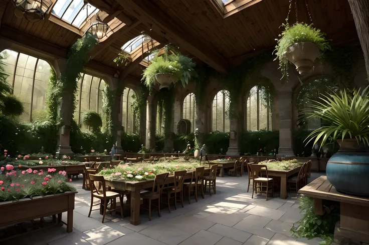 A scene in the style of Harry Potter, dans une salle de botanique avec des phoenix, des plantes et des animaux. Des tables avec des grand pots de fleurs. Beaucoup danimaux qui vol.