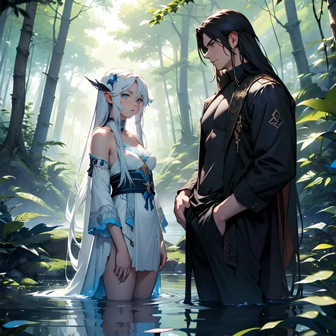 Nymph in the Magic Forest. long hair, white and blue eyes. Shes standing naked next to the lake. The hunter watches her. A dressed guy is standing next to him. He looks at her.