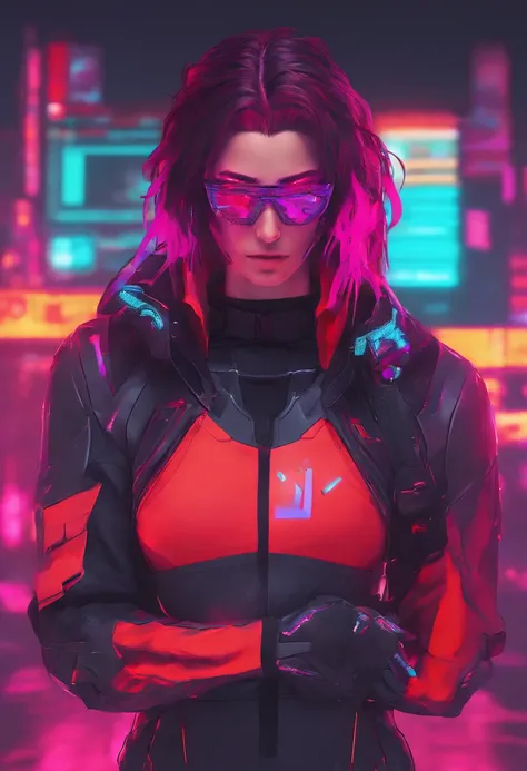 1 male, Cyberpunk 2077 inspired style, ((burst fade mullet hair style)), Black hair, Red glowing highlighted hair, cybernetic glasses, medtech outfit, red glowing outfit. red holograhic clothing, fully clothed, medical, mid-30s in age