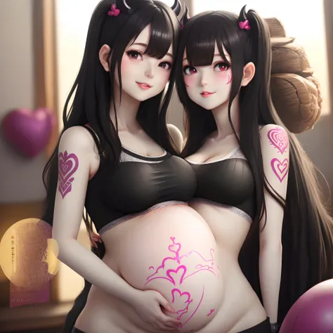 Heavily pregnant succubus big breasts black hair lust crest round belly lingere lewd facial expression anime hentai cute baby bump pregnancy belly glowing heart womb tattoo crop top ripped shirt