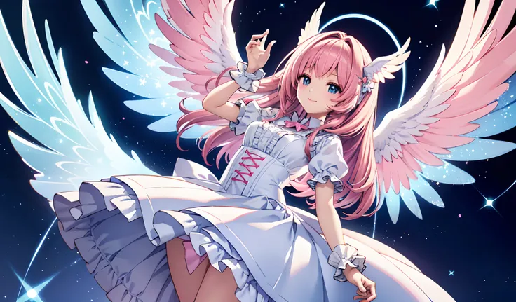 Big big wings of angels shining in seven colors、Kawaii Girl、adorable smiling、Light blue long hair、Twin-tailed、Colorful angel costume in white and pink Lolita style with lots of frills、((top-quality))、((​masterpiece))、(ighly detailed、highestdetailed、Officia...