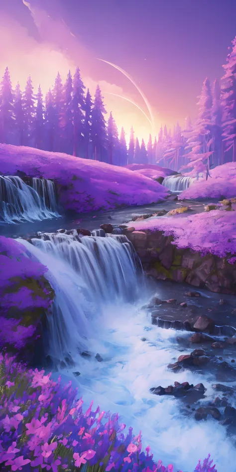 Fantasy landscape, Purple Sky,Blue sky, Pink sky, fullmoon, cascading waterfalls, Water mist, Fog, High cliffs, surrealism, high detailing, depth of fields, Cinematic lighting, Motion Blur, Glowing light, Ray tracing, reflective light, Backlighting, blendi...