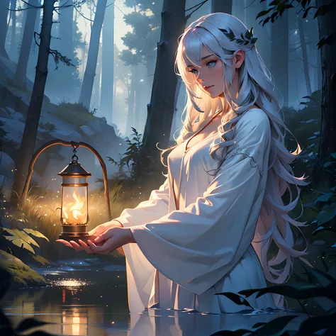 (best quality,4k,8k,highres,masterpiece:1.2),ultra-detailed,(realistic,photorealistic,photo-realistic:1.37),full height,nymph,girl in a magical forest,long hair,white and blue eyes,naked standing by the lake,sorceress,purple smoke,mist,pale hands,glowing s...