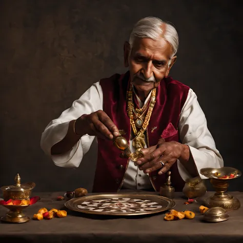 elderly indian magician、performing magic at the table、