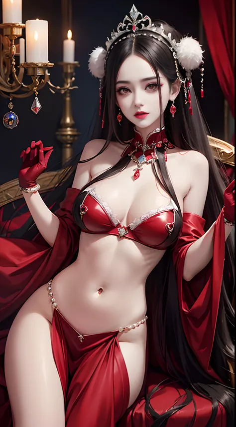 beautiful Dilraba Dilmurat, colorful crimson blood shower, angry succubus cosplay, photorealistic, close up, fashion designer, voluptous, cleavage, respledent ashen skull pearls, baroque, in the style of Victor Ngai