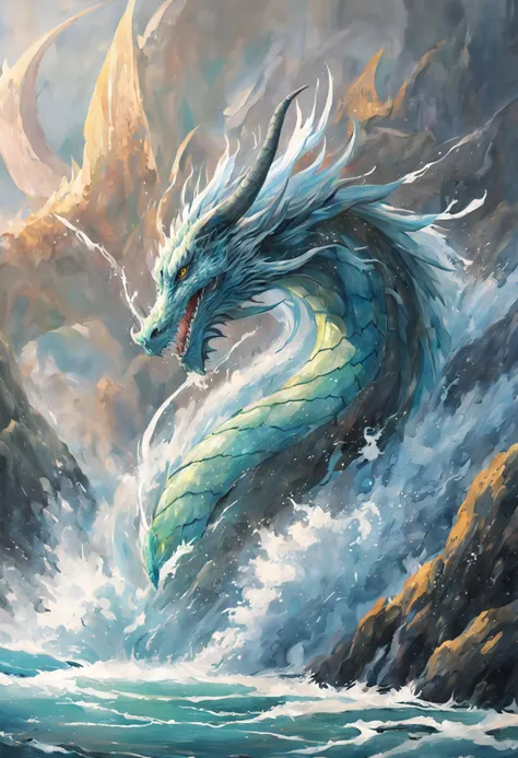 Draw an artistic image of a dragon surrounded by jets of water plummeting down from the sky。In this image、A dragon is surrounded by a torrent of water kicked up by a gush of water in the air。This torrent of water has the appearance of freezing in the air。
...