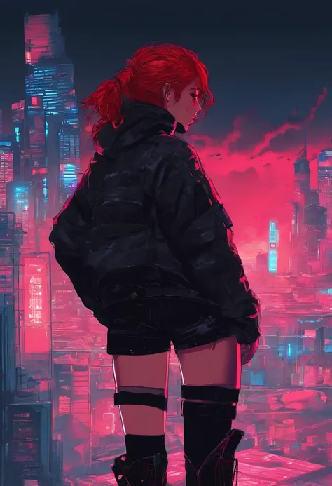 ((best illustration)) Brazilian girl, red hair, teenage body, black top, black tight skirt, black boot, urban landscape, building, skyline, sunset, silhouette against the clouds, contemplative.