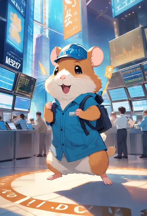 Happy hamster, Hold the instrument, Hard hat on the head, Trading on the stock exchange，frontage，Blue tooling